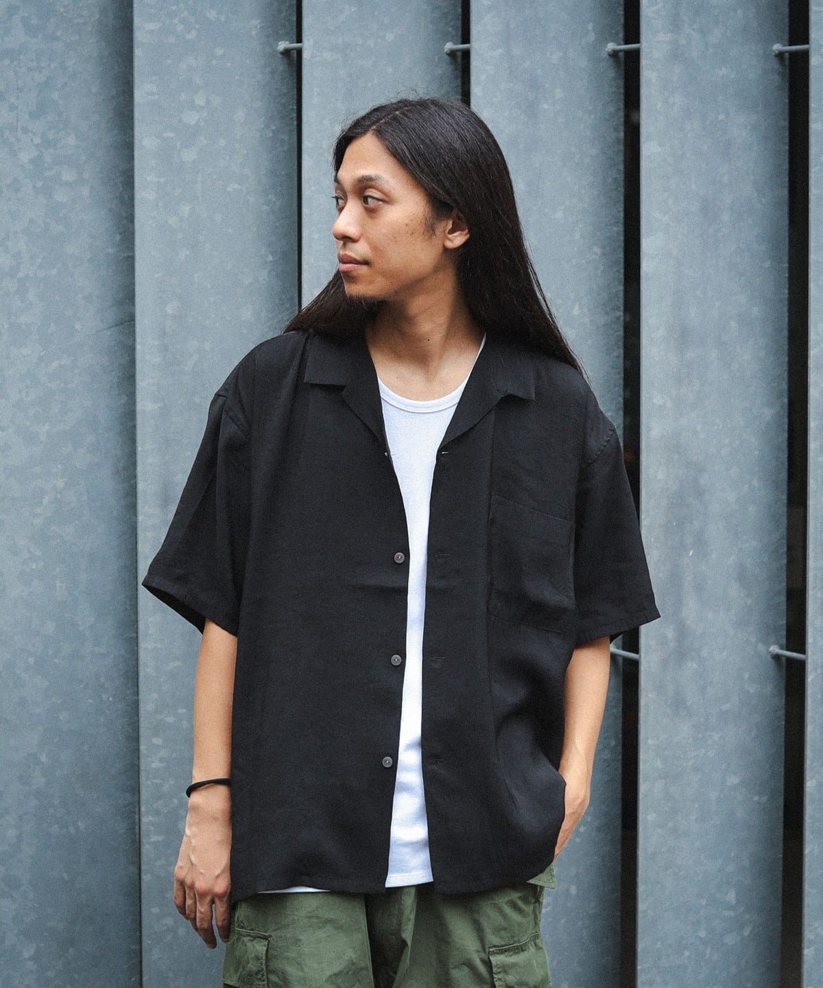 BEAMS Solid Loose Fit Open Collar Shirt (Shirts, Blouses BEAMS