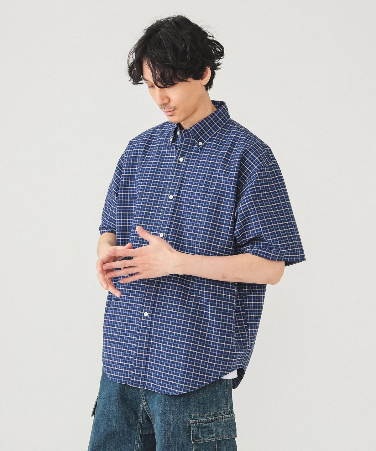 ワイドフィット 5分袖 ボタンダウンシャツ シャツ・ブラウス MEN NAVY CHK XL ワイドフィット 5分袖 ボタンダウンシャツ シャツ・ブラウス MEN NAVY CHK XL