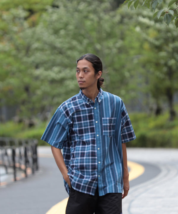 BEAMS JAPAN カジュアルシャツ XL 赤xオレンジx白等(チェック)ボタン袖丈