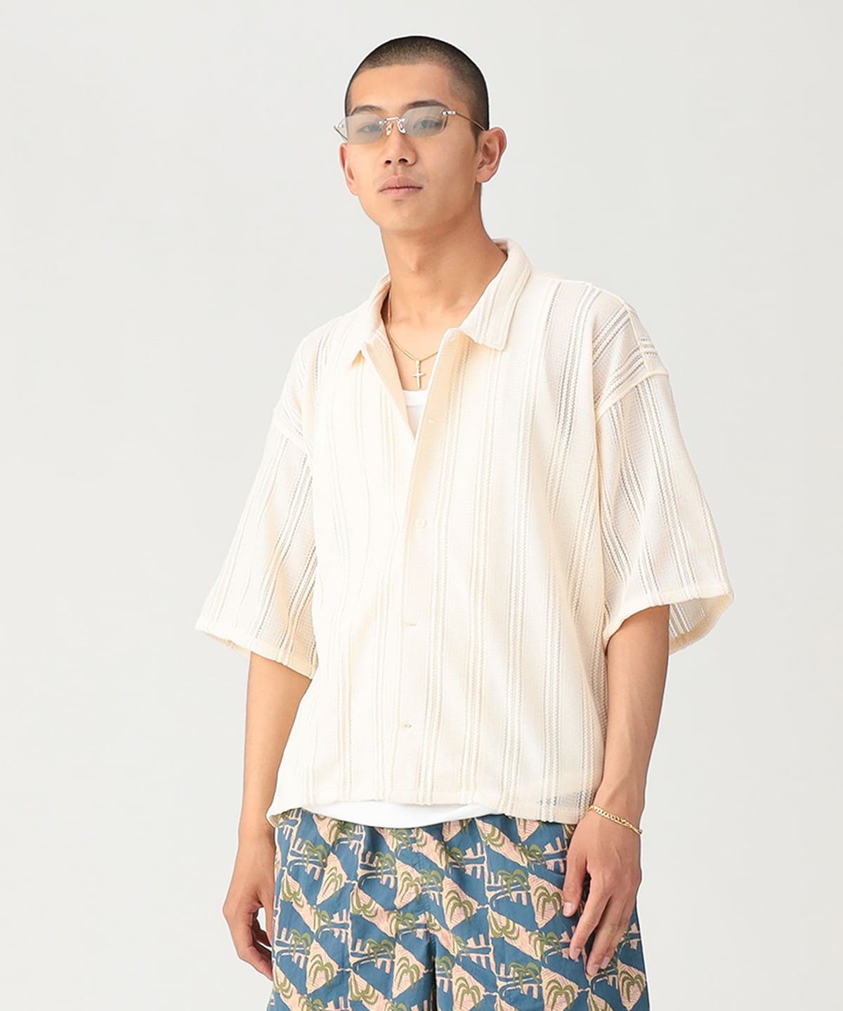 BEAMS（ビームス）ショート メッシュ オープンカラーシャツ【ワイド