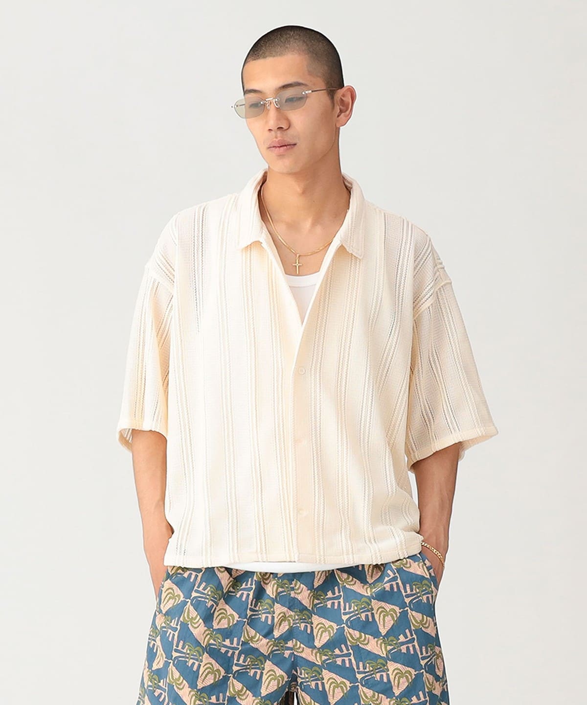 BEAMS（ビームス）ショート メッシュ オープンカラーシャツ【ワイド