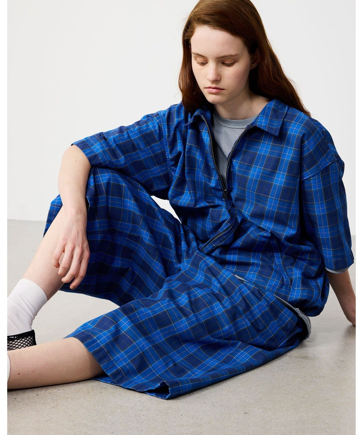 Check Zip Up Shirt �V���c�E�u���E�X MEN BLUE XL