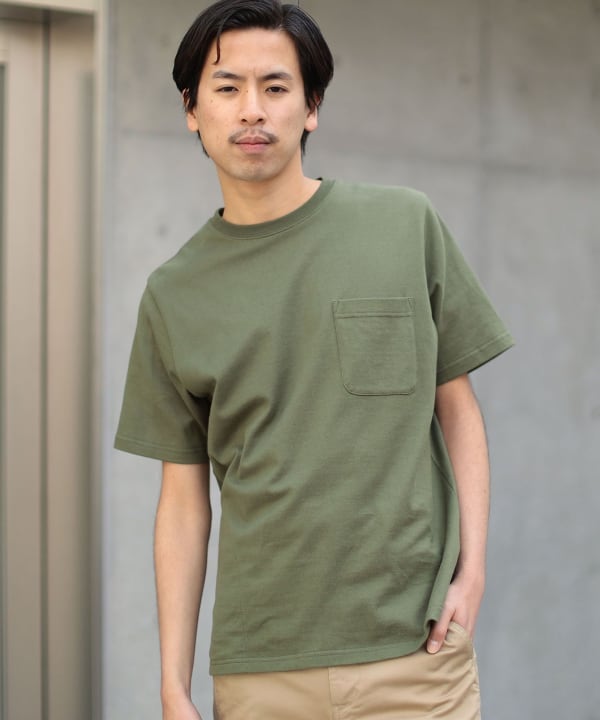 BEAMS ビームス ウーブン ポケットTシャツ カーキ メンズ