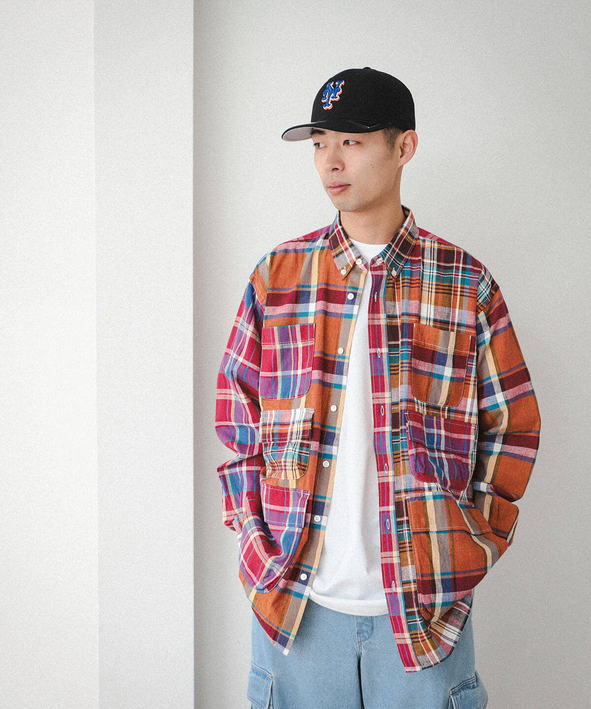 [Outlet] BEAMS / Multi-pocket Madras check button down shirt