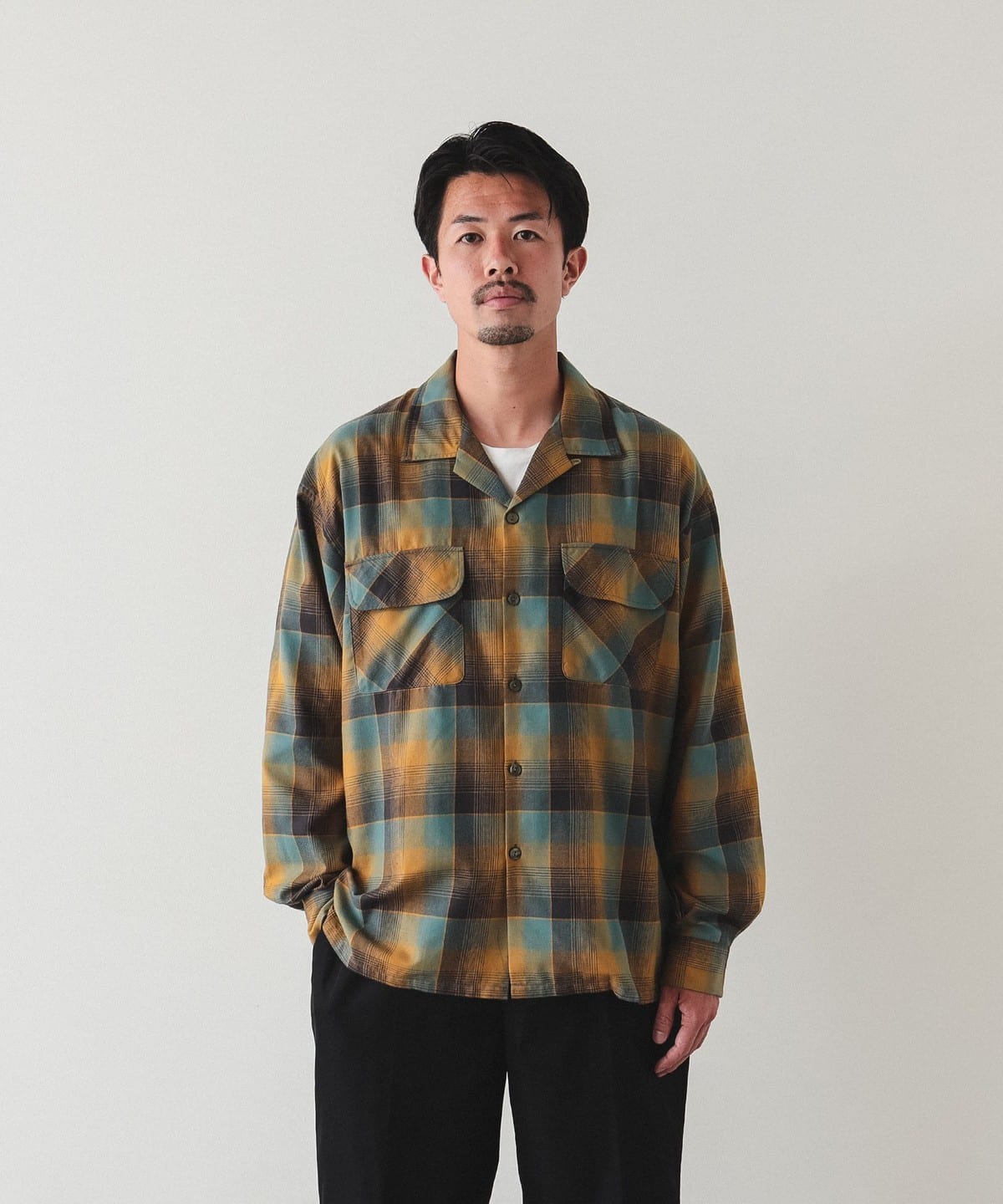 オンブレチェック オープンカラーシャツ シャツ・ブラウス MEN SEA GREEN M オンブレチェック オープンカラーシャツ シャツ・ブラウス MEN SEA GREEN M