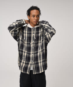▲BOW WOW × BEAMS / 別注 REPAIR AGEING HOODED FLANNEL SHIRTS BLACK