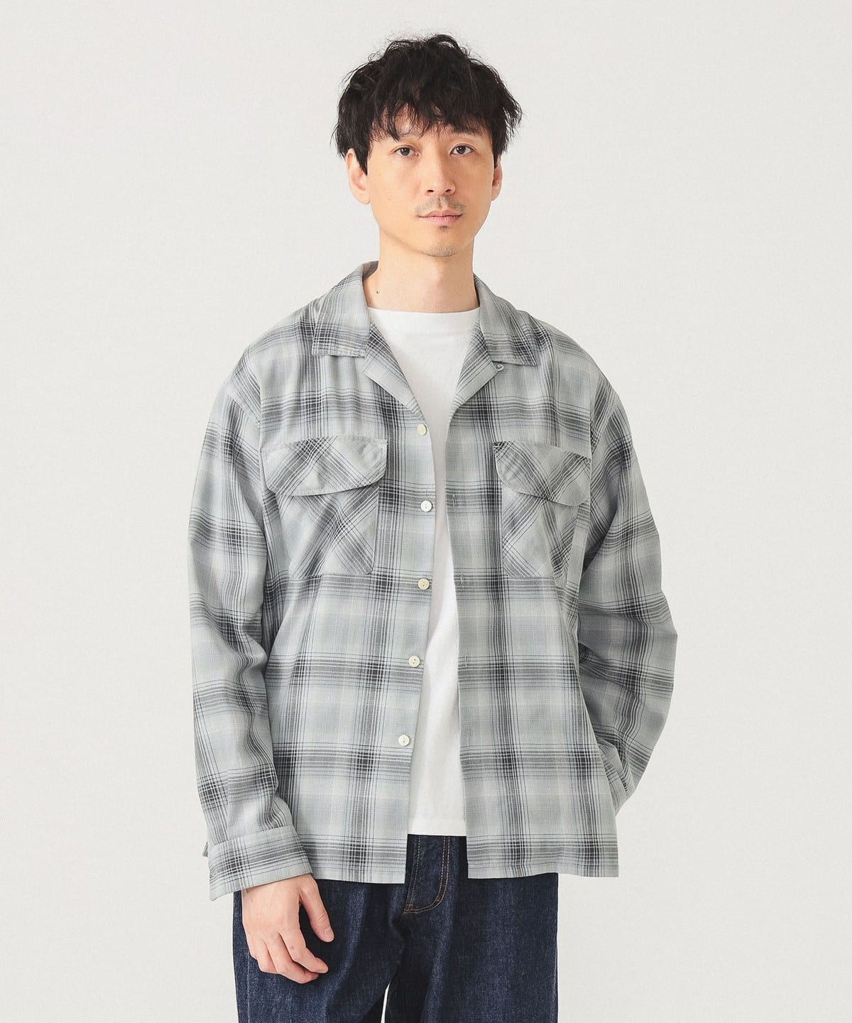 【+15%ポイントUP】オンブレチェック オープンカラー シャツ シャツ・ブラウス MEN LT. GREY M 【+15%ポイントUP】オンブレチェック オープンカラー シャツ シャツ・ブラウス MEN LT. GREY M