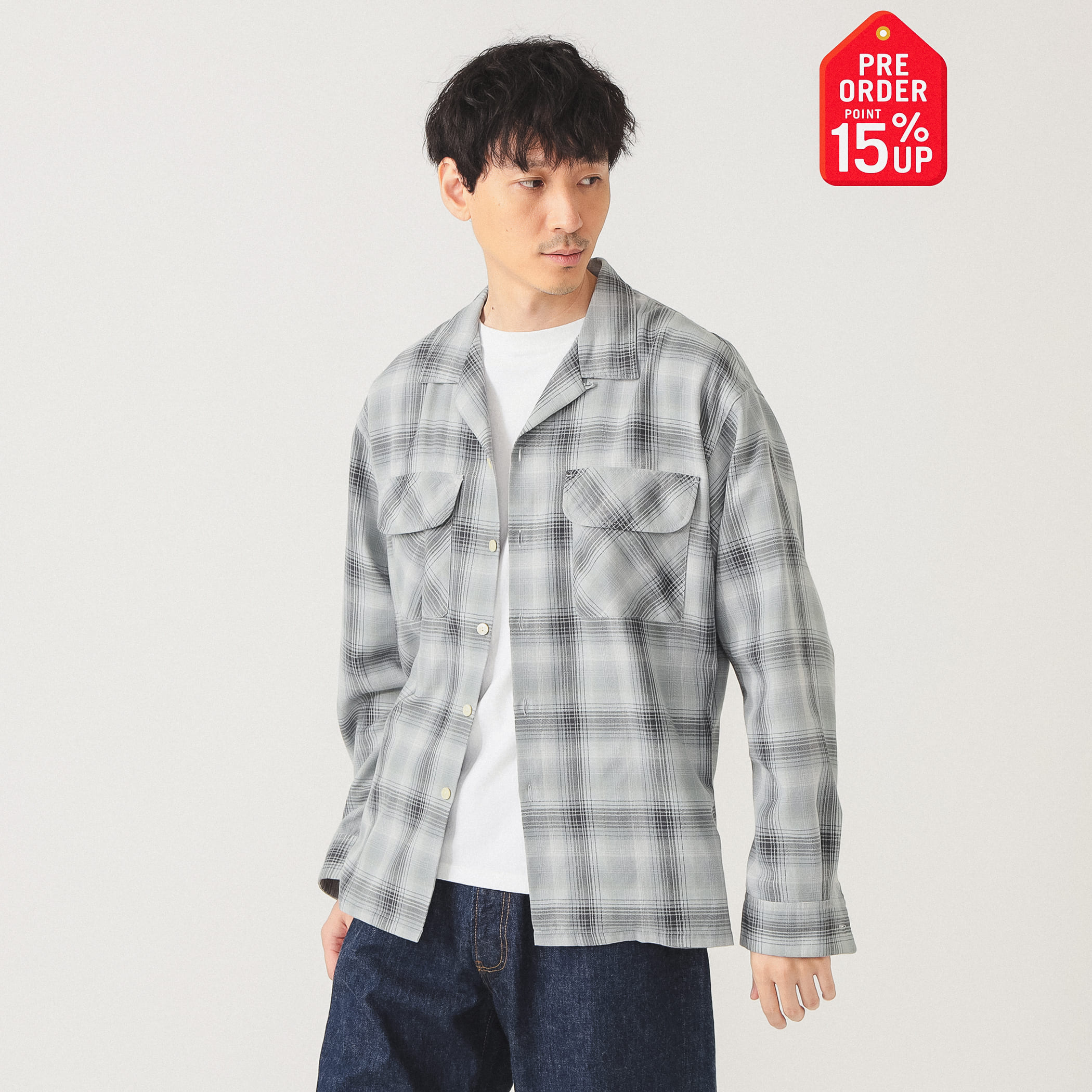 【+15%ポイントUP】オンブレチェック オープンカラー シャツ シャツ・ブラウス MEN LT. GREY XL 【+15%ポイントUP】オンブレチェック オープンカラー シャツ シャツ・ブラウス MEN LT. GREY XL