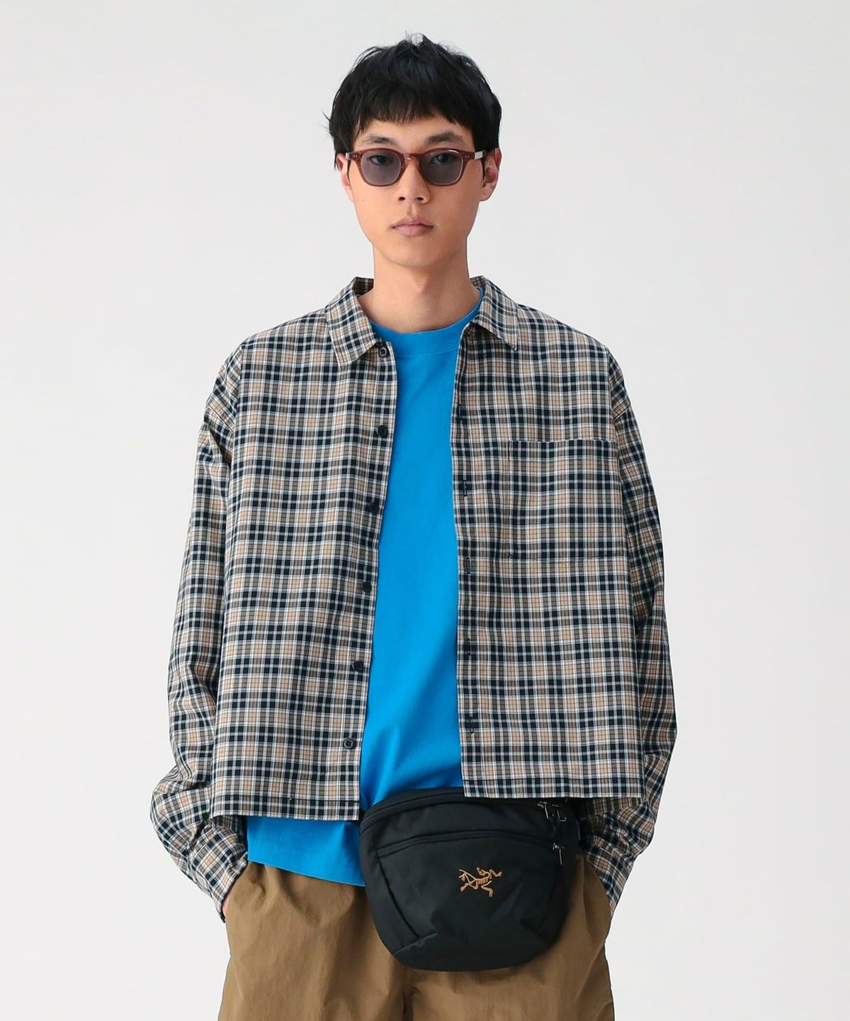 Check Short Shirt �V���c�E�u���E�X MEN BEIGE CK XL