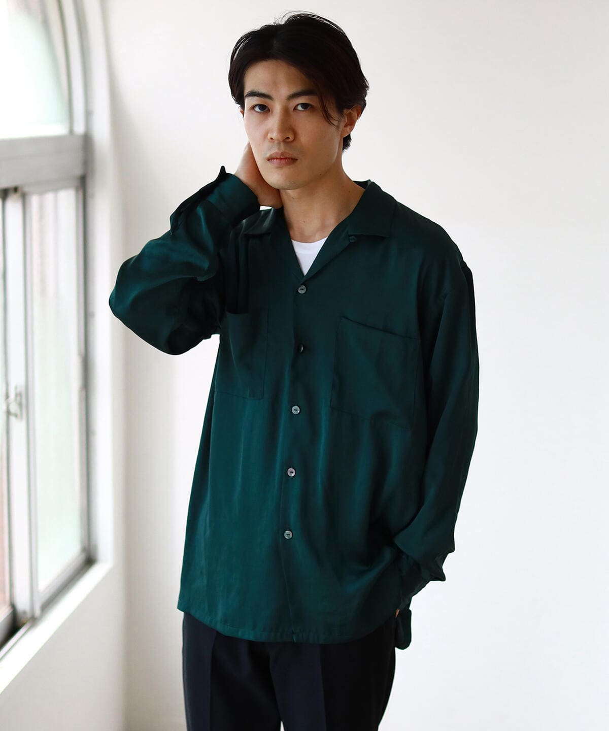 ECOPET(R) イージー オープンカラーシャツ シャツ・ブラウス MEN D. GRN S ECOPET(R) イージー オープンカラーシャツ シャツ・ブラウス MEN D. GRN S