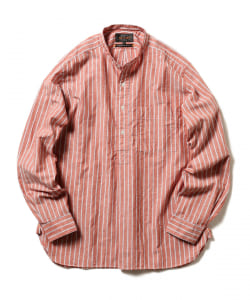 ▲BEAMS PLUS / バンドカラー コットンリネン ストライプ プルオーバーシャツ