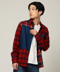 ▲BEAMS / インディゴ チェック 切替 シャツ