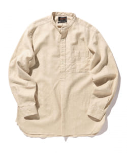 ▲BEAMS PLUS / リネン コットン ヘリンボーン バンドカラー プルオーバーシャツ