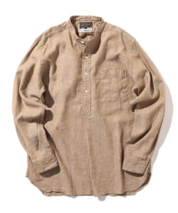 ▲BEAMS PLUS / リネン コットン ヘリンボーン バンドカラー プルオーバーシャツ