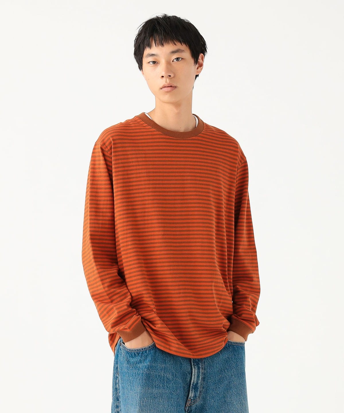 ベーシックフィット ボーダー ロングスリーブTシャツ Tシャツ・カットソー MEN BROWN XL ベーシックフィット ボーダー ロングスリーブTシャツ Tシャツ・カットソー MEN BROWN XL