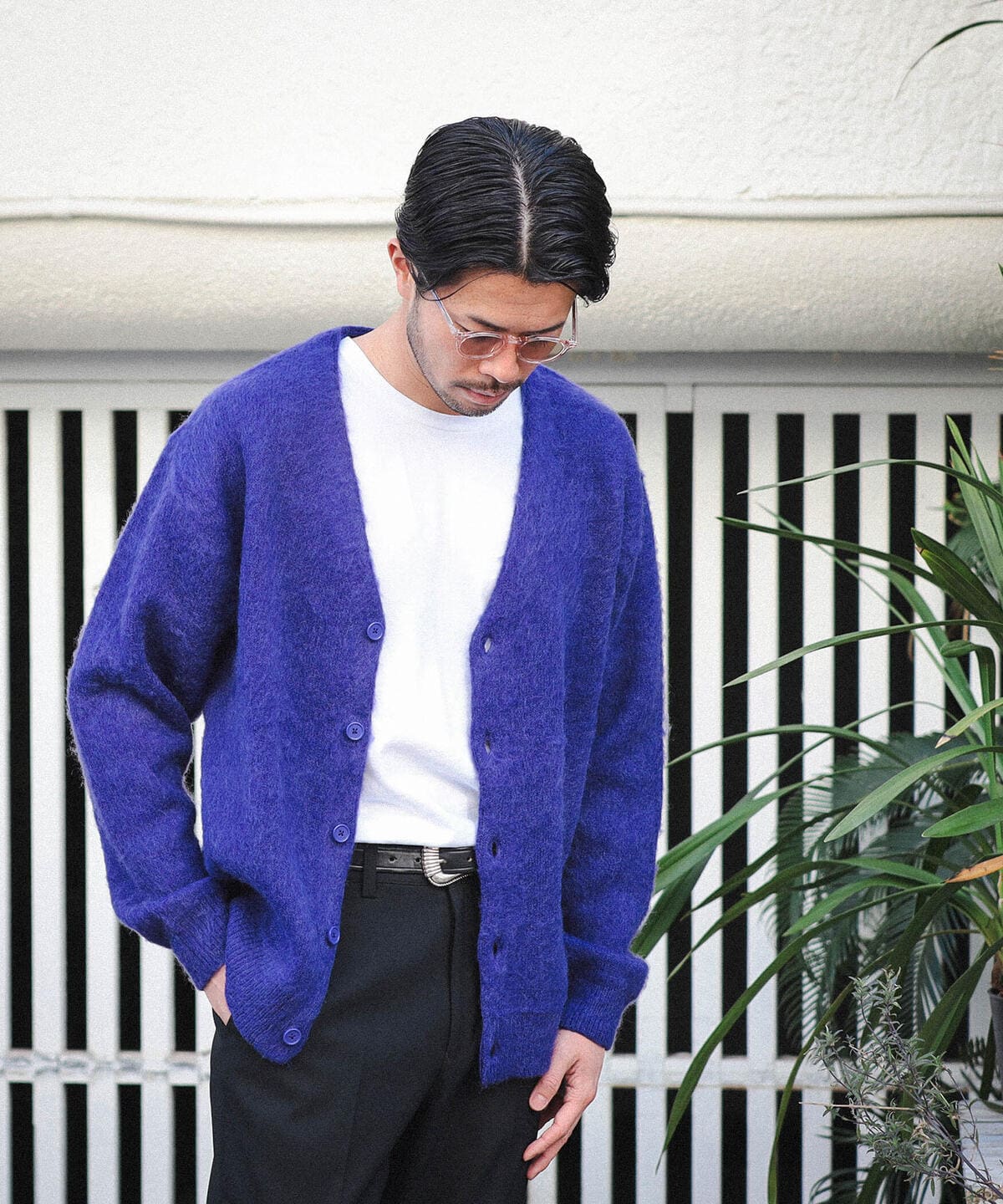 7ゲージ ソリッド シャギー カーディガン トップス MEN PURPLE S 7ゲージ ソリッド シャギー カーディガン トップス MEN PURPLE S