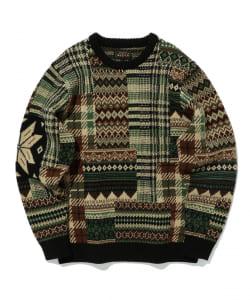 ▲BEAMS PLUS / ジャカード パッチワークパターンニット
