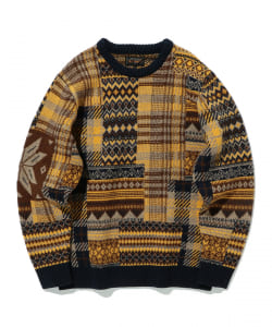 ▲BEAMS PLUS / ジャカード パッチワークパターンニット