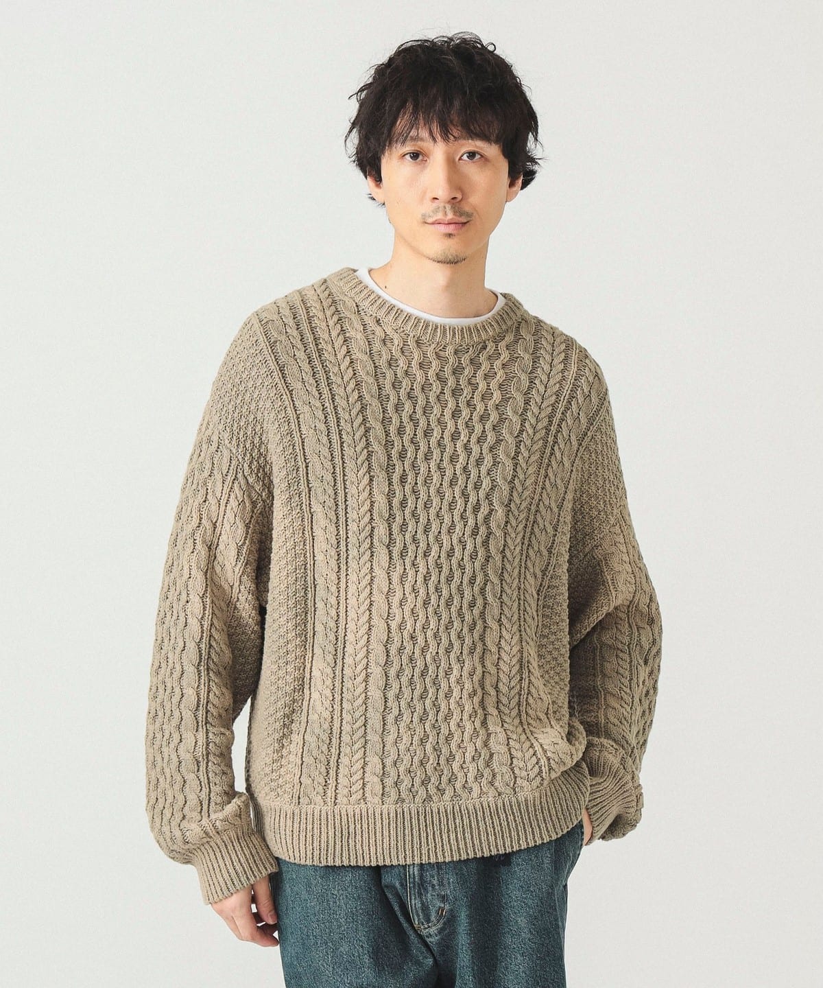 ワイドショートフィット アランニット トップス MEN TAUPE S ワイドショートフィット アランニット トップス MEN TAUPE S