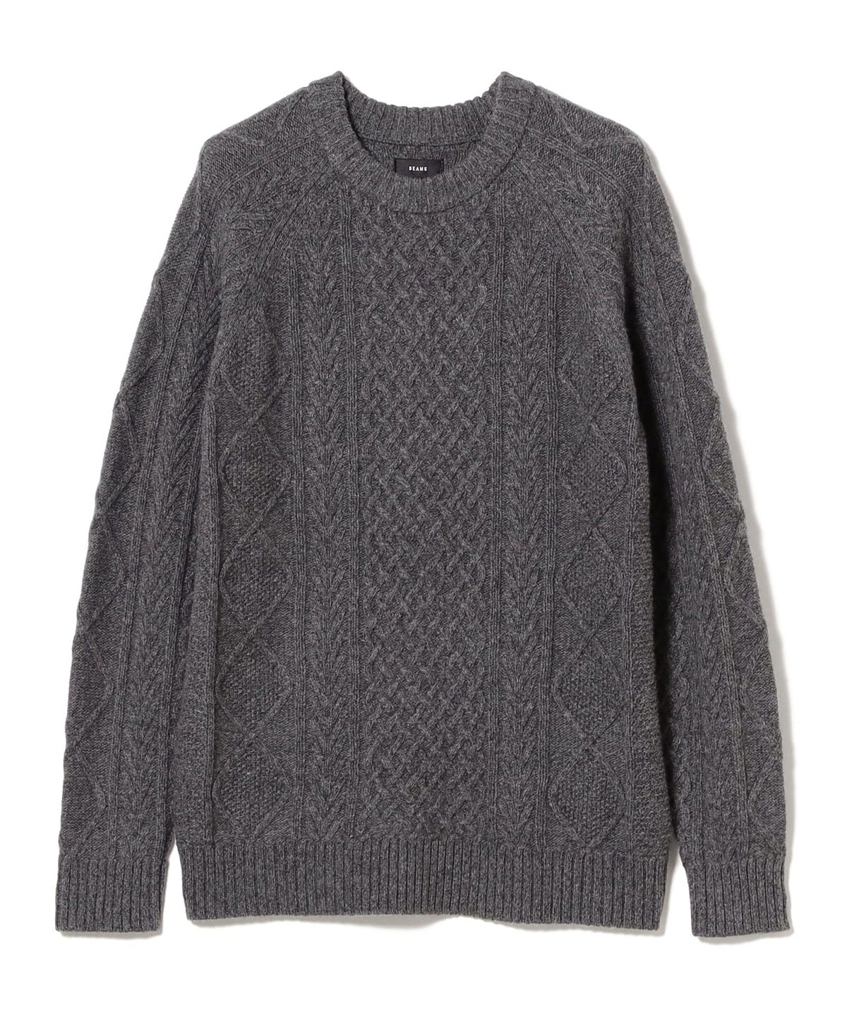 5ゲージ ラムウール クルーネック ケーブルニット トップス MEN GREY S