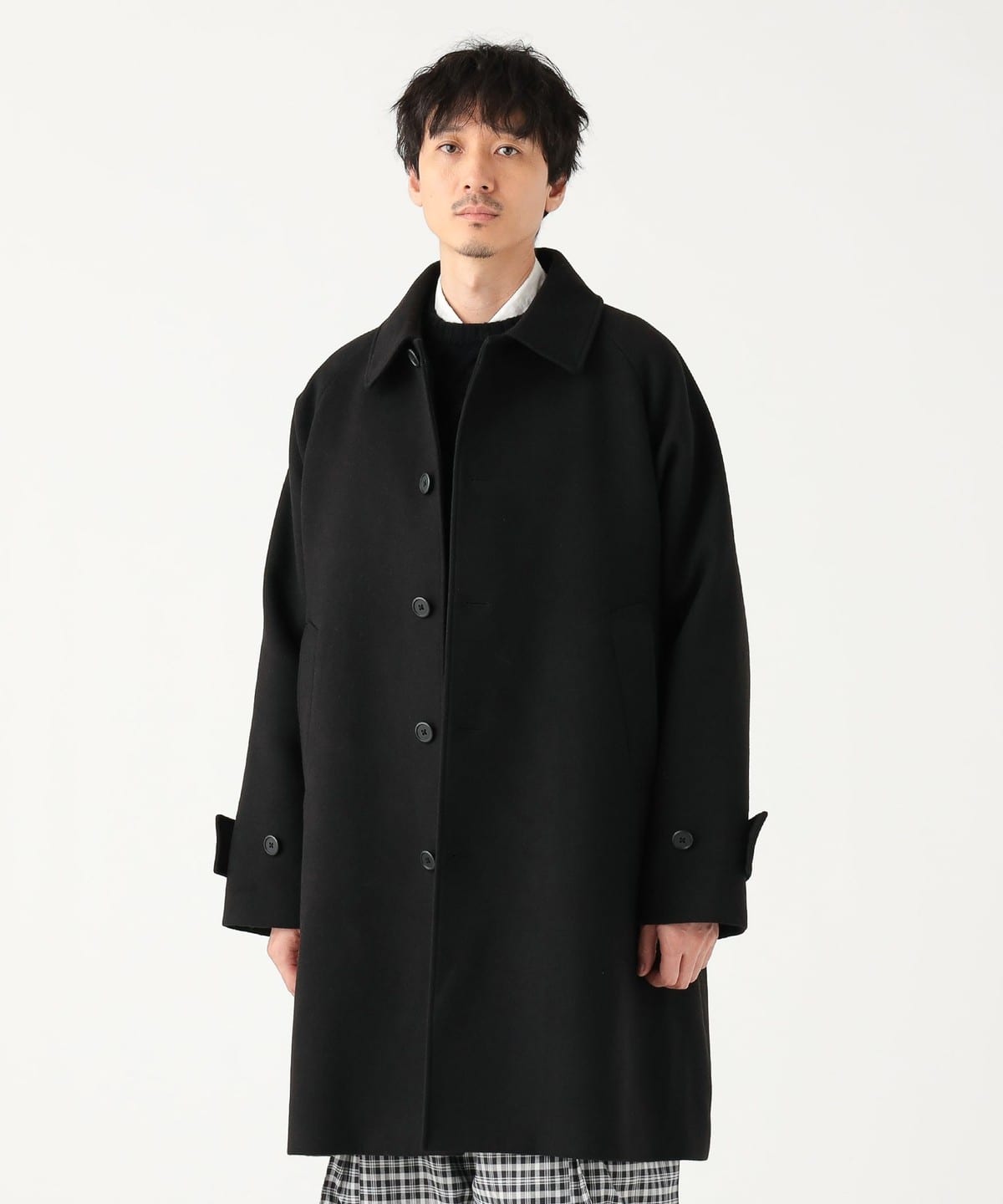 【美品】BEAMS『ワイドフィット フリース ステンカラーコート』BLACK S BEAMS（ビームス）ワイドフィット フリース ステンカラーコート