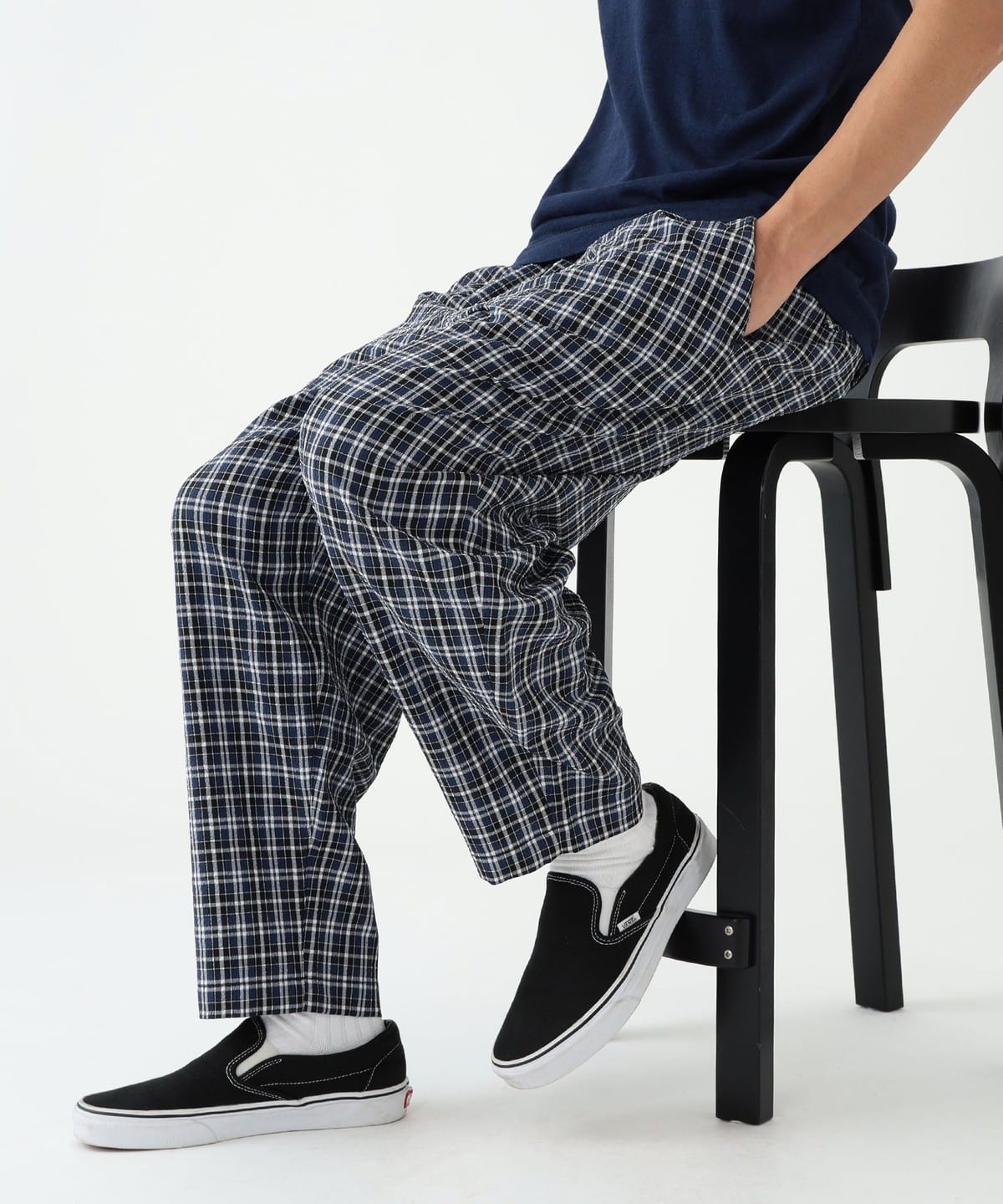 2プリーツ チェック イージフィットパンツ パンツ MEN NAVY M 2プリーツ チェック イージフィットパンツ パンツ MEN NAVY M