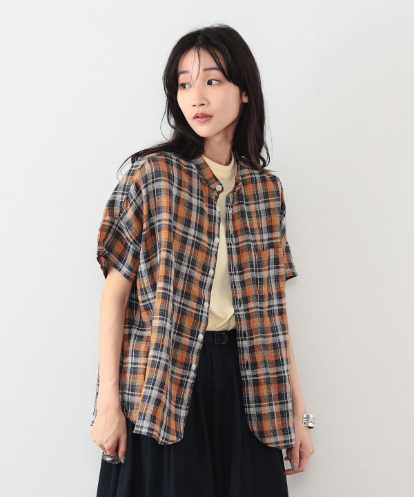 BEAMS BOY BEAMS BOY BEAMS BOY / Linen check stand collar shirt