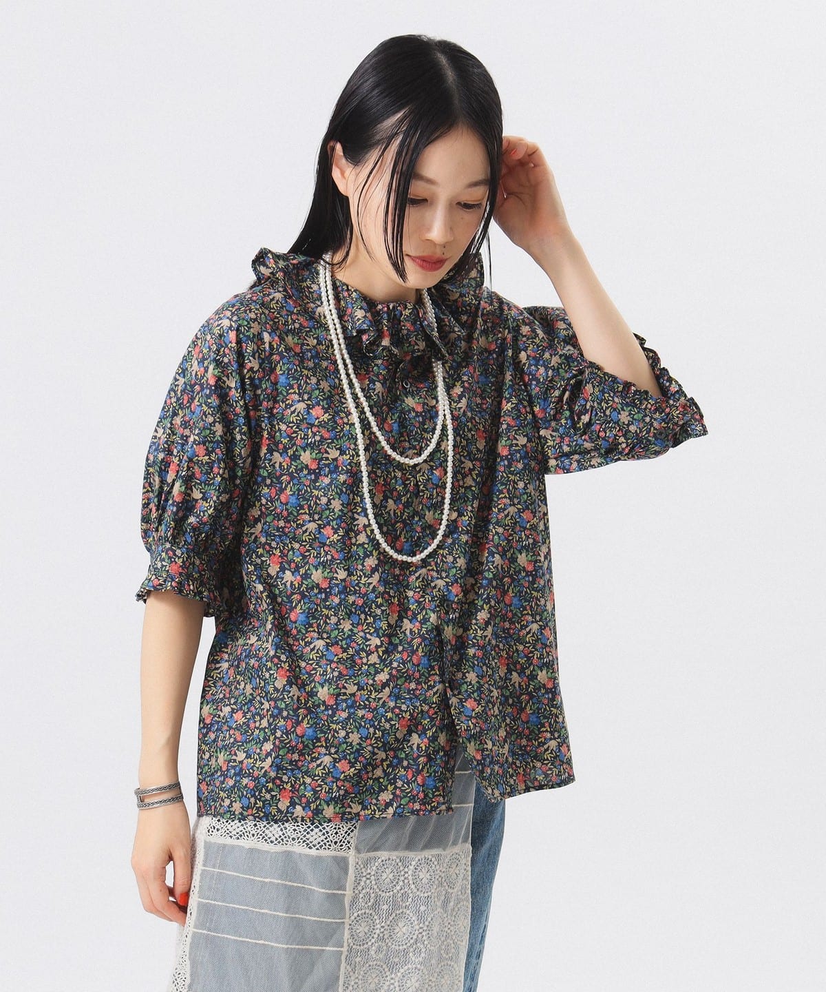 リバティ フリル 5分袖 シャツ シャツ・ブラウス WOMEN NAVY ONE SIZE リバティ フリル 5分袖 シャツ シャツ・ブラウス WOMEN NAVY ONE SIZE