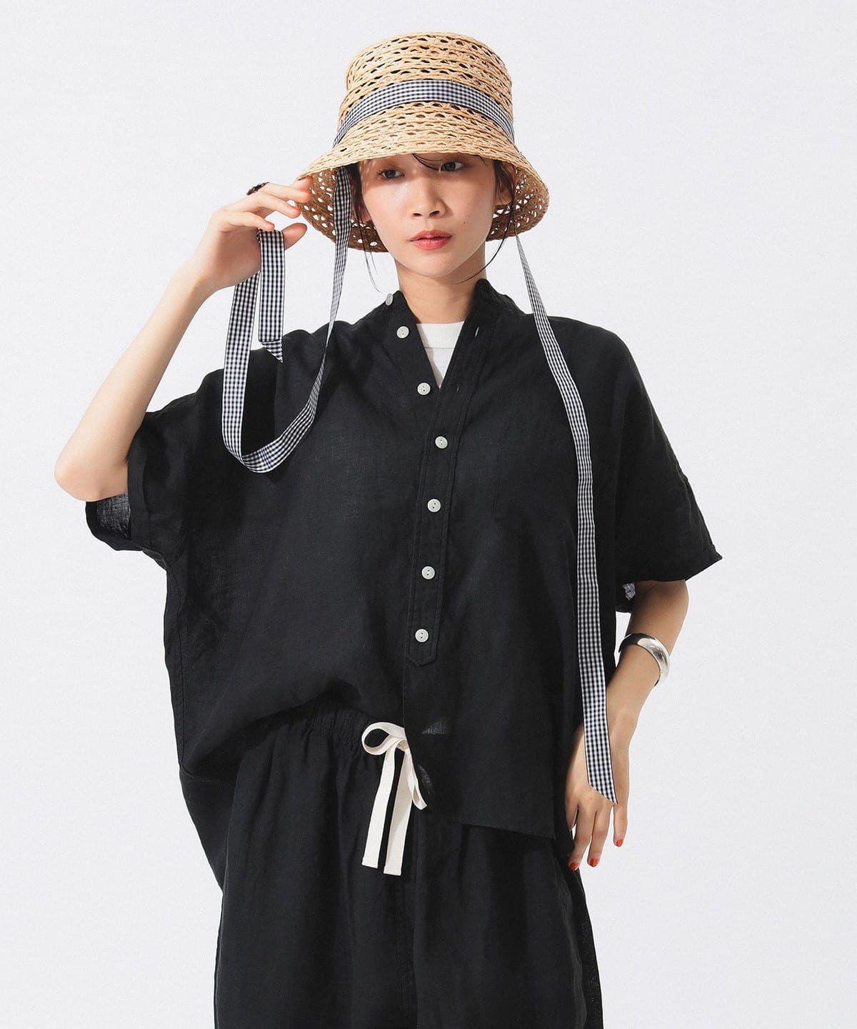 リネン ソリッド スタンドカラーシャツ シャツ・ブラウス WOMEN BLACK ONE SIZE リネン ソリッド スタンドカラーシャツ シャツ・ブラウス WOMEN BLACK ONE SIZE