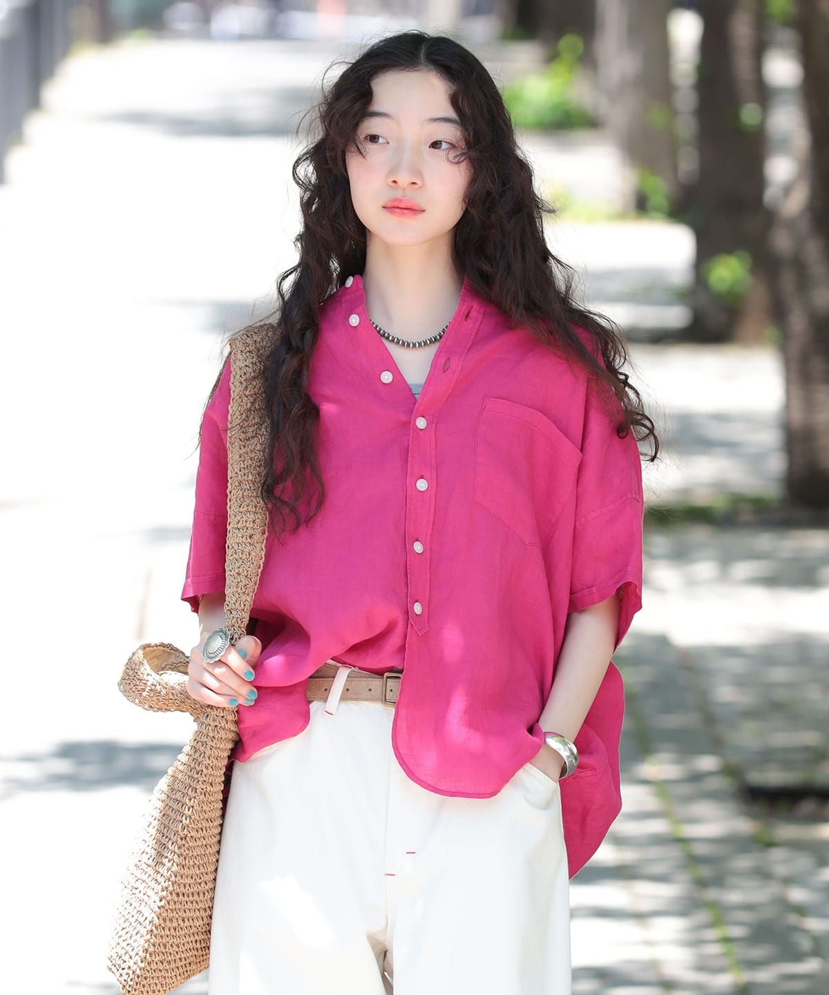 リネン ソリッド スタンドカラーシャツ シャツ・ブラウス WOMEN FUCHSIA ONE SIZE リネン ソリッド スタンドカラーシャツ シャツ・ブラウス WOMEN FUCHSIA ONE SIZE
