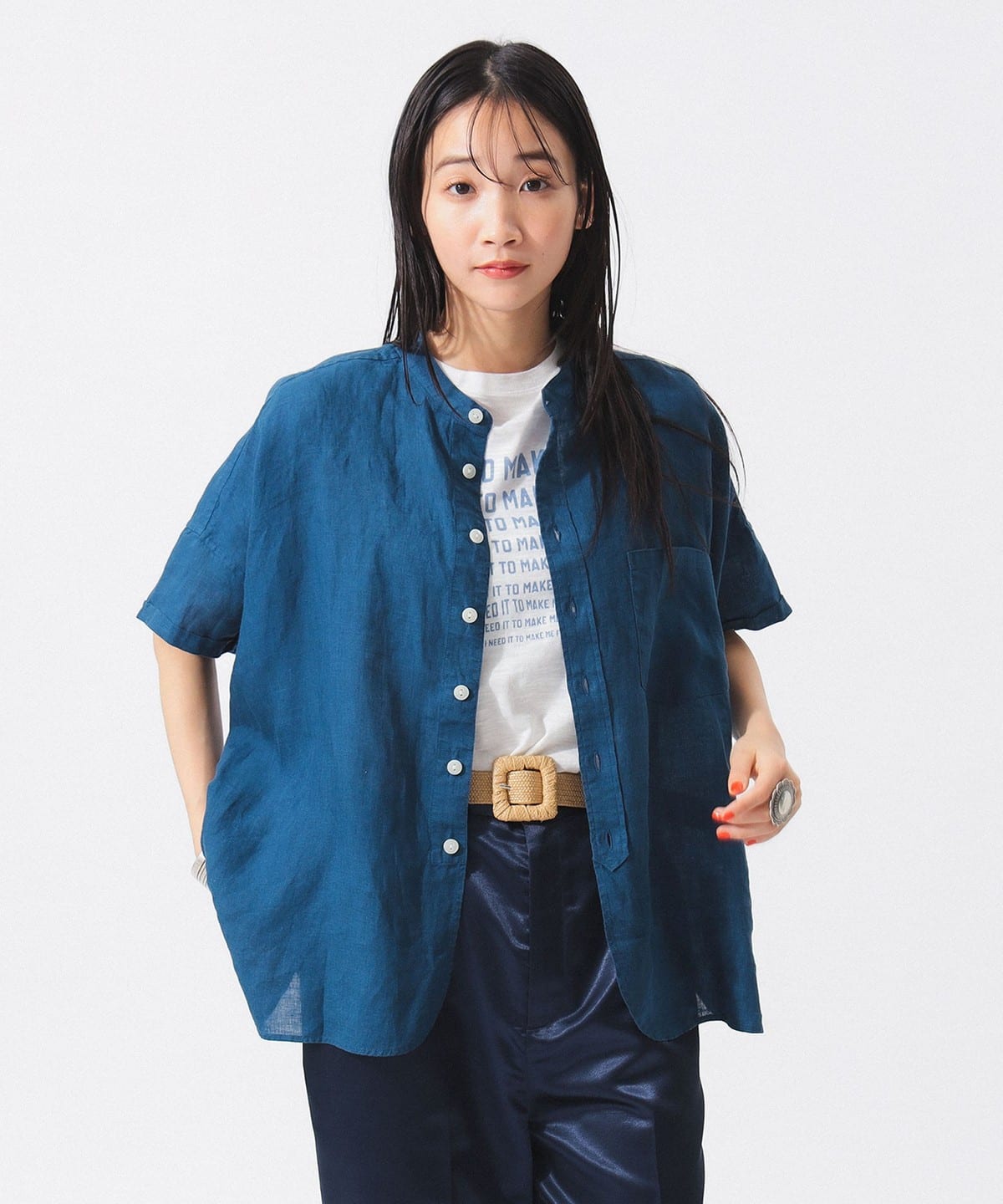 リネン ソリッド スタンドカラーシャツ シャツ・ブラウス WOMEN BLUE ONE SIZE リネン ソリッド スタンドカラーシャツ シャツ・ブラウス WOMEN BLUE ONE SIZE