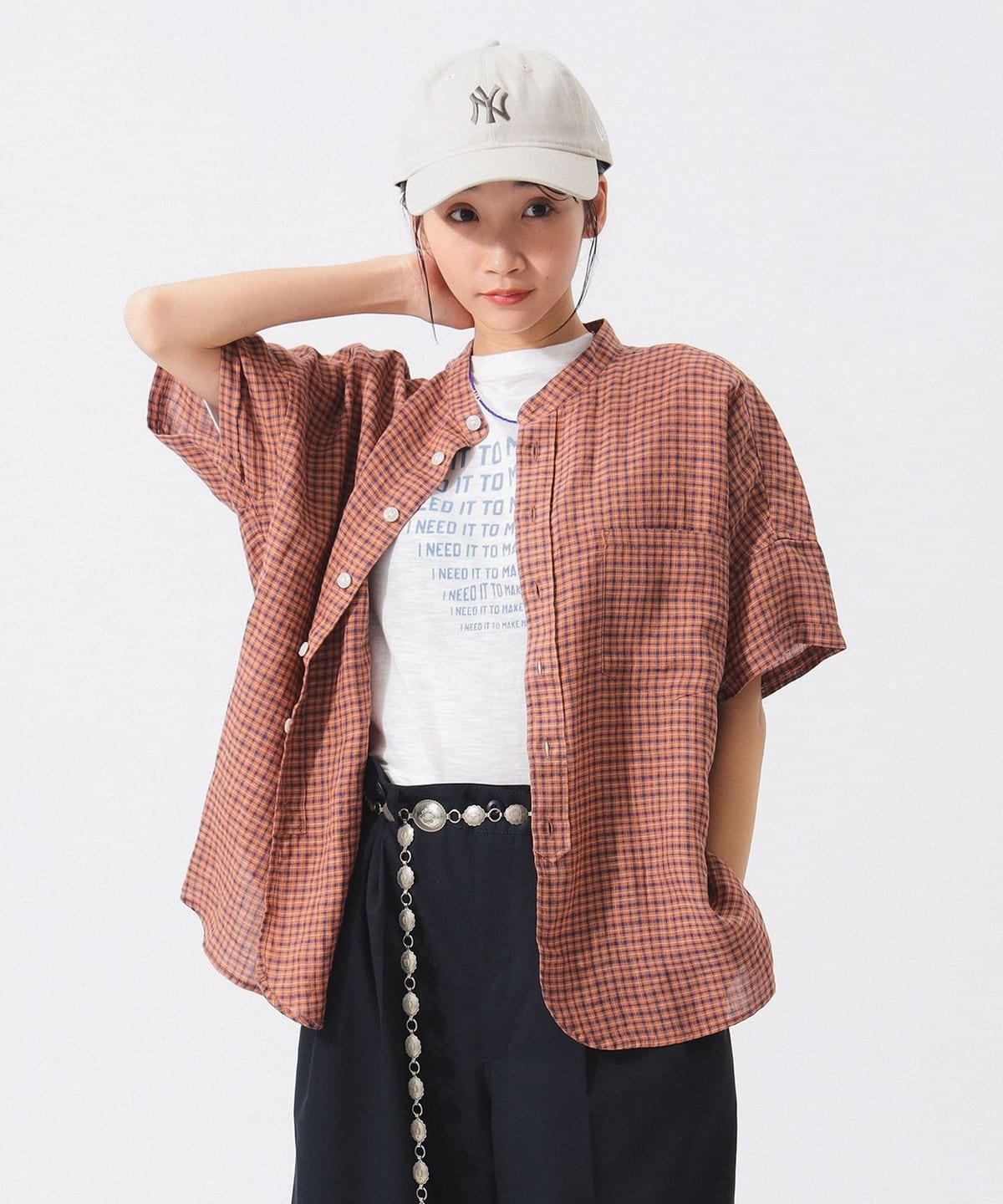 リネン チェック ショートスリーブ シャツ シャツ・ブラウス WOMEN ORANGE ONE SIZE リネン チェック ショートスリーブ シャツ シャツ・ブラウス WOMEN ORANGE ONE SIZE