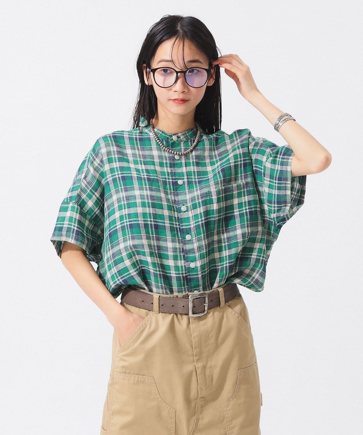 リネン チェック ショートスリーブ シャツ シャツ・ブラウス WOMEN GREEN ONE SIZE リネン チェック ショートスリーブ シャツ シャツ・ブラウス WOMEN GREEN ONE SIZE