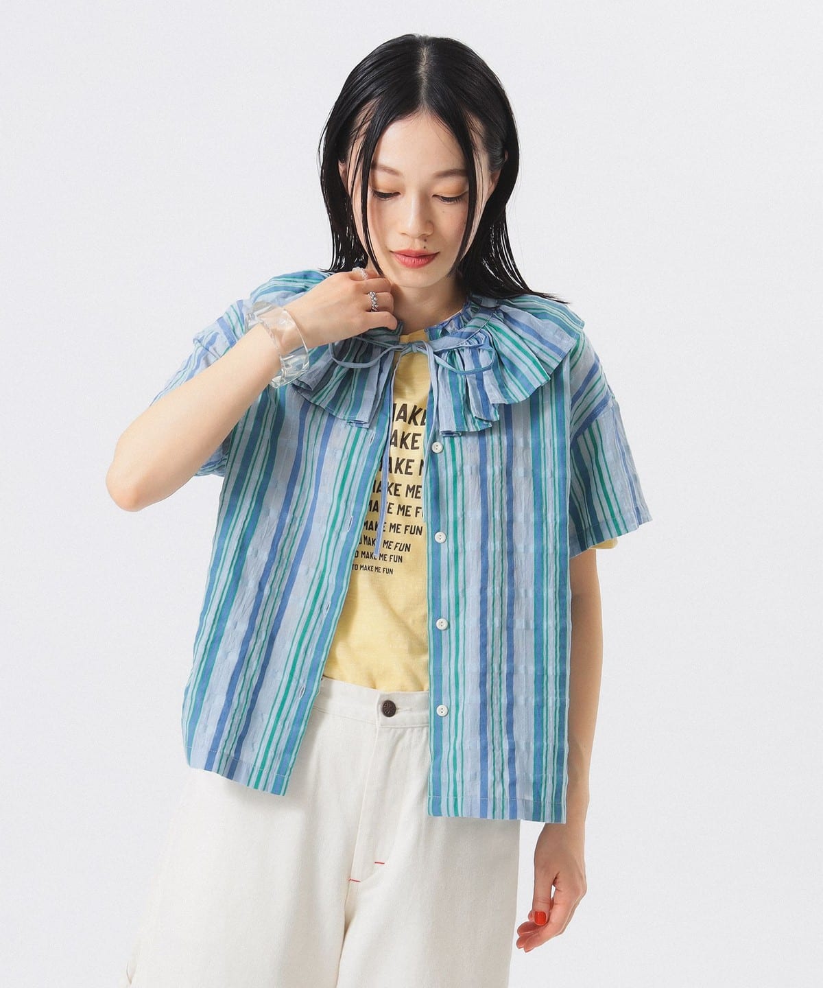 ストライプ フリル ショートスリーブ シャツ・ブラウス WOMEN BLUE ONE SIZE ストライプ フリル ショートスリーブ シャツ・ブラウス WOMEN BLUE ONE SIZE
