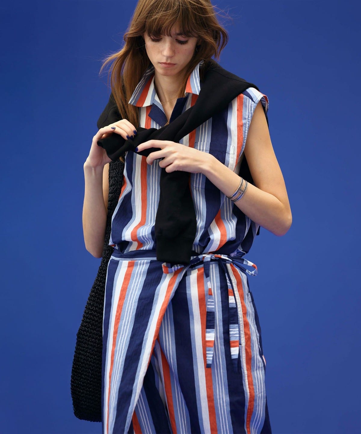 マルチストライプ ノースリーブ シャツ・ブラウス WOMEN NAVY ONE SIZE マルチストライプ ノースリーブ シャツ・ブラウス WOMEN NAVY ONE SIZE