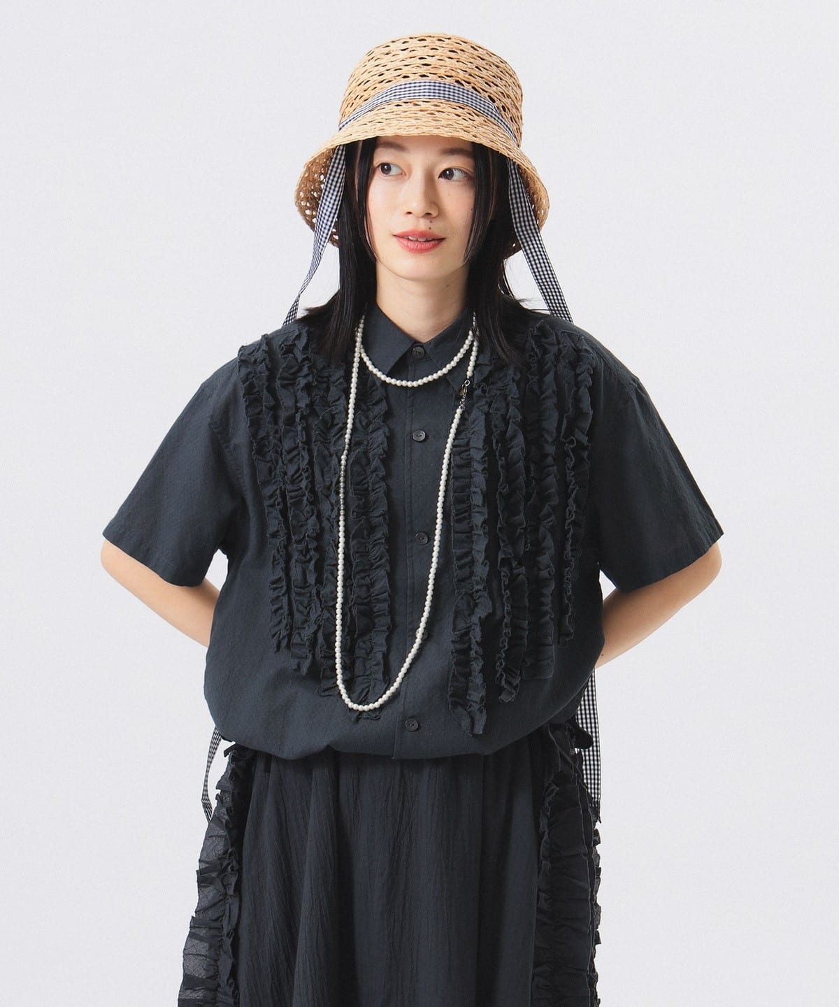 ドビー フリル ショートスリーブ シャツ・ブラウス WOMEN CHARCOAL. GRAY ONE SIZE ドビー フリル ショートスリーブ シャツ・ブラウス WOMEN CHARCOAL. GRAY ONE SIZE