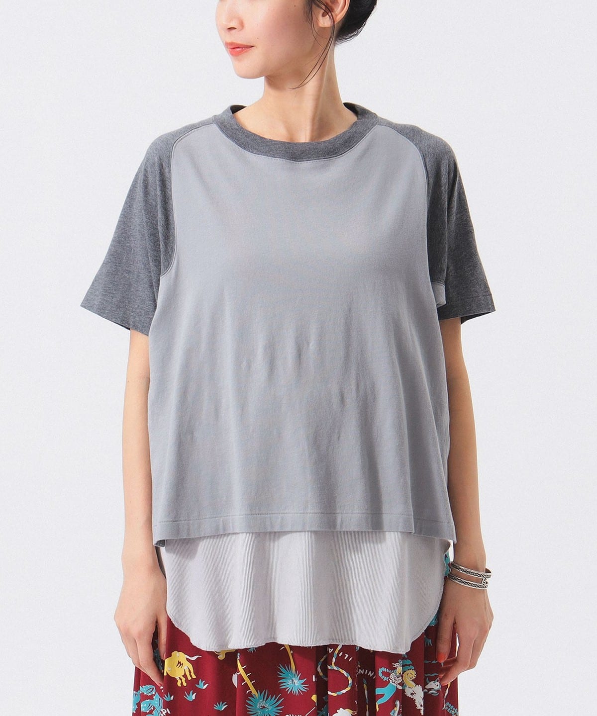 レイヤード ショートスリーブ Tシャツ・カットソー WOMEN GREY ONE SIZE レイヤード ショートスリーブ Tシャツ・カットソー WOMEN GREY ONE SIZE