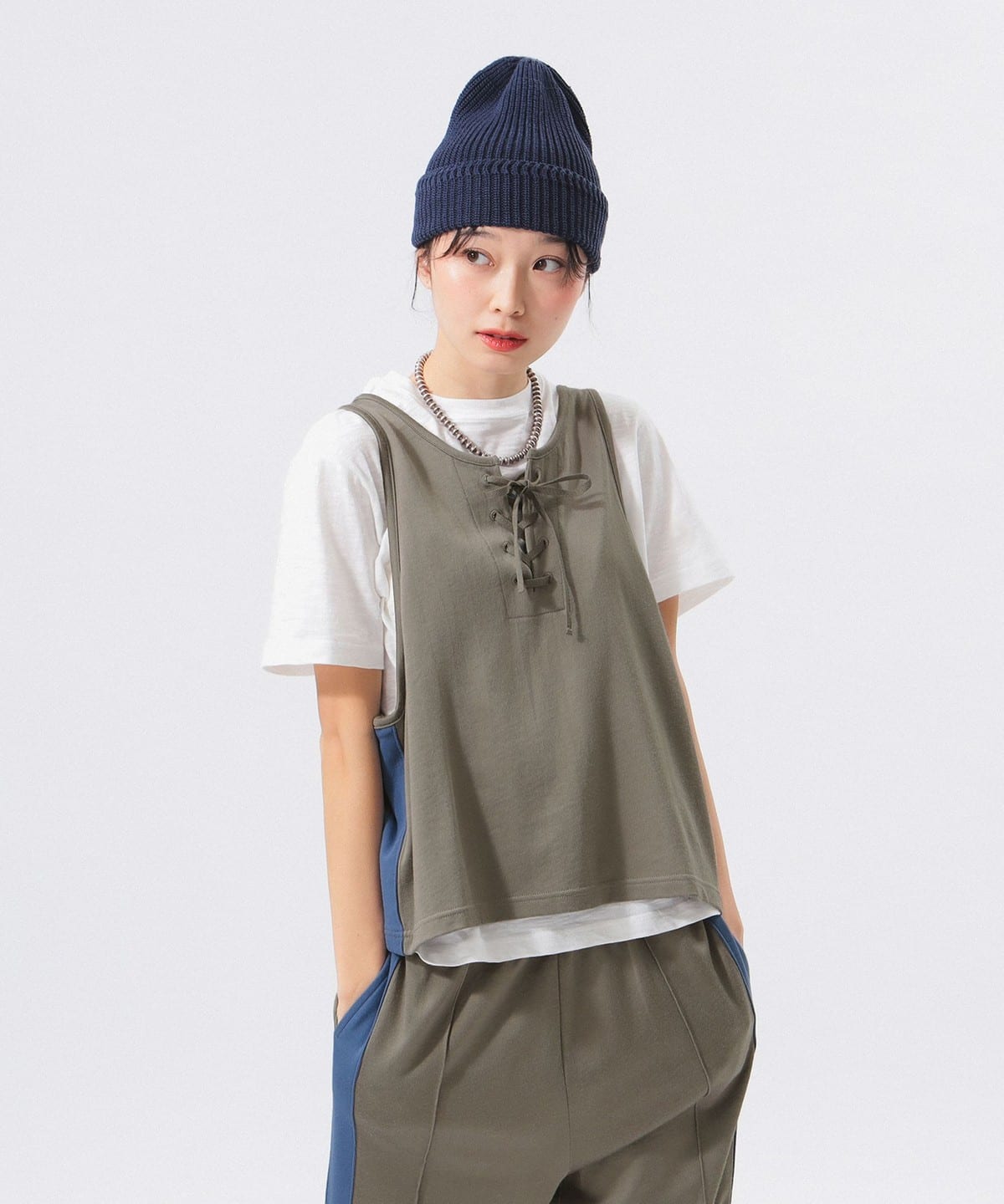 レース アップ タンクトップ Tシャツ・カットソー WOMEN GREY ONE SIZE レース アップ タンクトップ Tシャツ・カットソー WOMEN GREY ONE SIZE