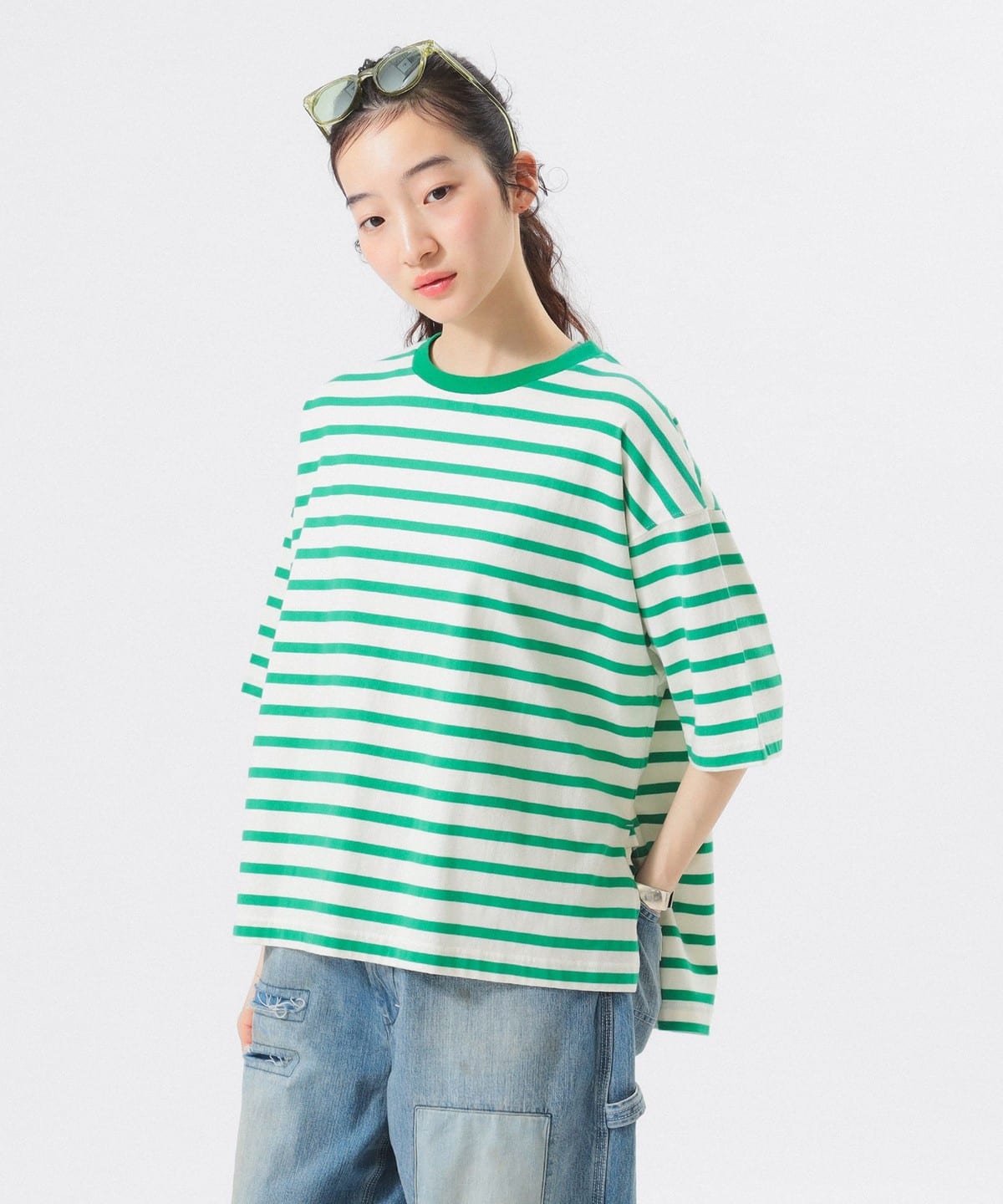 ボーダー ビッグ ショートスリーブ Tシャツ・カットソー WOMEN IVORY/GREEN ONE SIZE ボーダー ビッグ ショートスリーブ Tシャツ・カットソー WOMEN IVORY/GREEN ONE SIZE