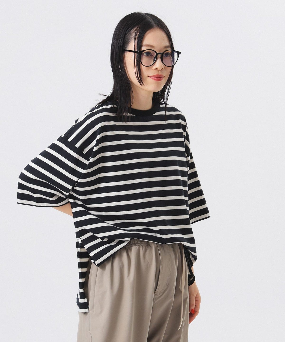 ボーダー ビッグ ショートスリーブ Tシャツ・カットソー WOMEN BLACK/IVORY ONE SIZE ボーダー ビッグ ショートスリーブ Tシャツ・カットソー WOMEN BLACK/IVORY ONE SIZE