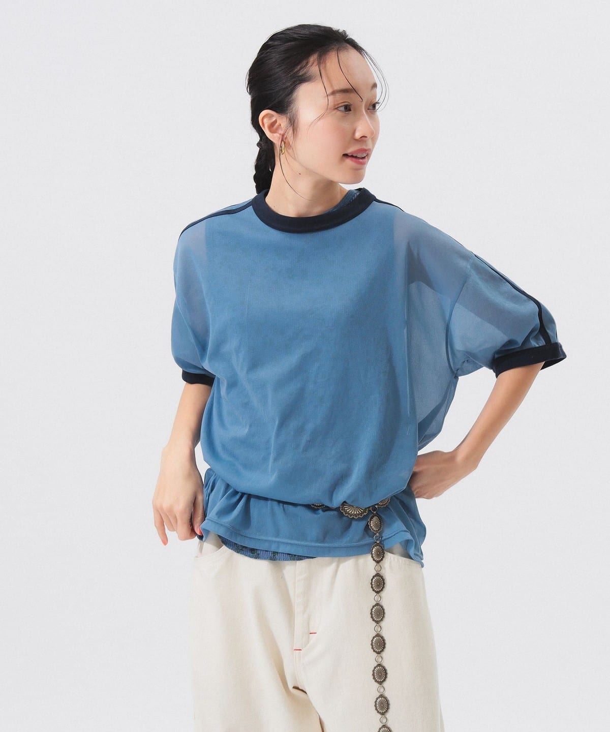 シアー ライン ショートスリーブ Tシャツ・カットソー WOMEN SAX ONE SIZE シアー ライン ショートスリーブ Tシャツ・カットソー WOMEN SAX ONE SIZE
