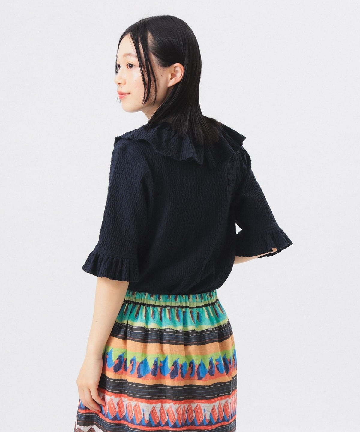 ジャガード フリル ギャザー ショートスリーブ Tシャツ・カットソー WOMEN NAVY ONE SIZE ジャガード フリル ギャザー ショートスリーブ Tシャツ・カットソー WOMEN NAVY ONE SIZE