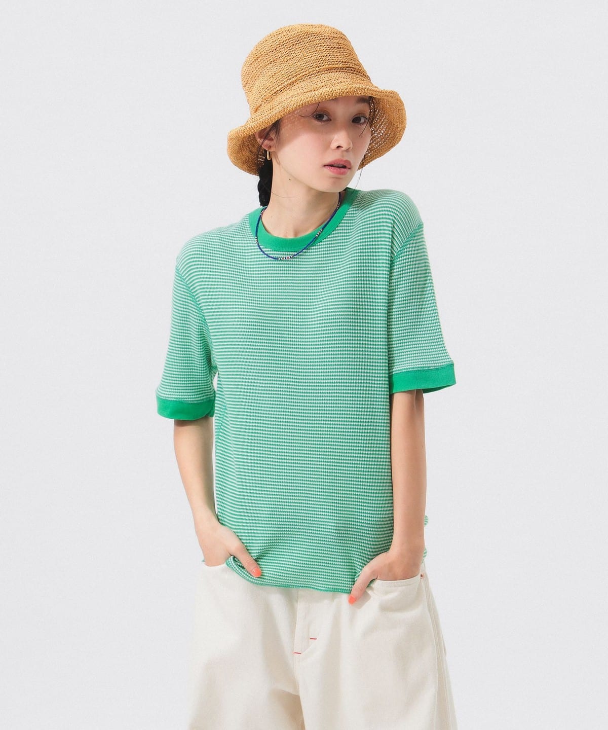 【別注】Healthknit ヘルスニット / ワッフル ボーダー Tシャツ Tシャツ・カットソー WOMEN GREEN/OFF ONE SIZE 【別注】Healthknit ヘルスニット / ワッフル ボーダー Tシャツ Tシャツ・カットソー WOMEN GREEN/OFF ONE SIZE