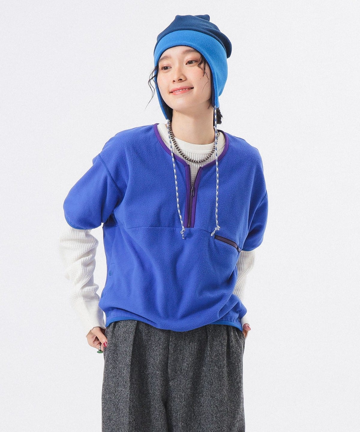 ビームスボーイ　美品デニムストライプオールインワン　ハーフジップ BEAMS BOY（ビームス ボーイ）フリース ハーフジップ ショート