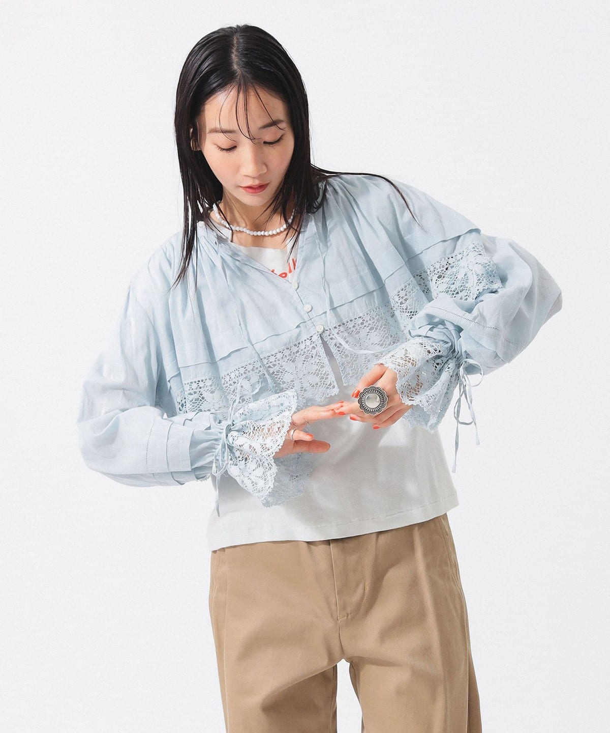 ヴィンテージ レース ブラウス シャツ・ブラウス WOMEN SAX ONE SIZE ヴィンテージ レース ブラウス シャツ・ブラウス WOMEN SAX ONE SIZE