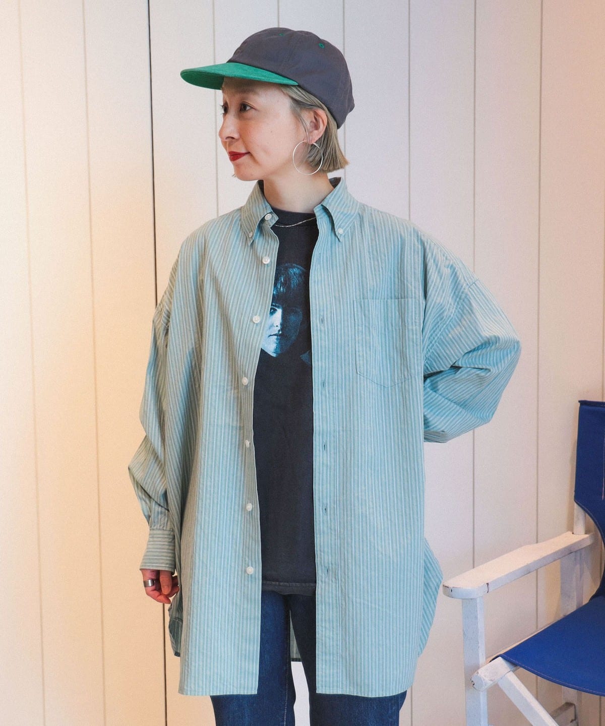 BEAMS BOY（ビームス ボーイ）ドビー ストライプ ビッグ ボタン
