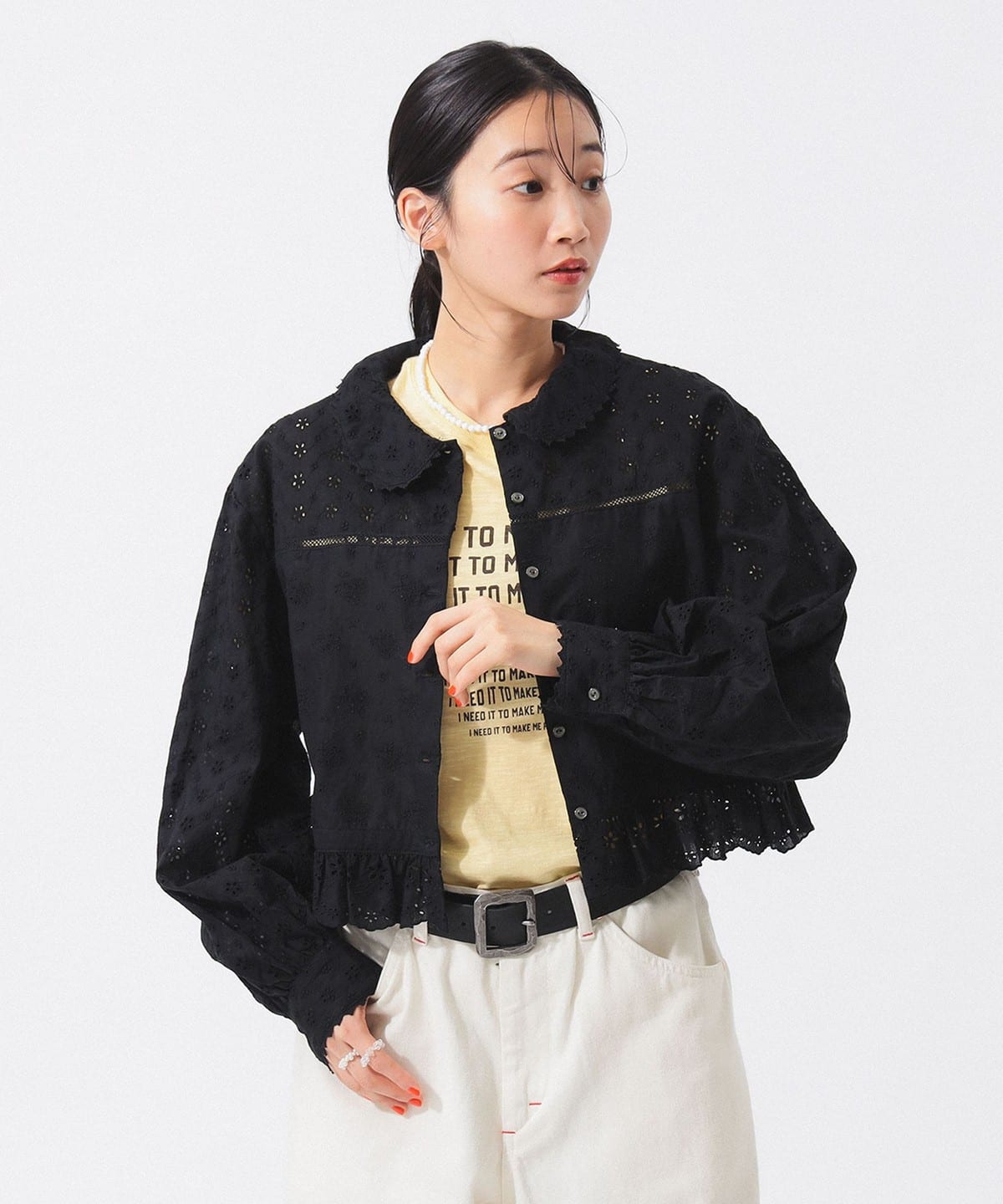 カットワーク ショート シャツ シャツ・ブラウス WOMEN BLACK ONE SIZE カットワーク ショート シャツ シャツ・ブラウス WOMEN BLACK ONE SIZE