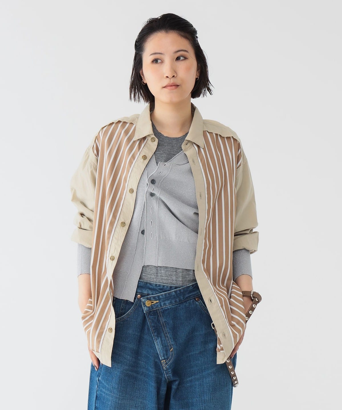maturely マチュアリー / ストライプ アンド ソリッド カットオフ ロングスリーブ シャツ シャツ・ブラウス WOMEN BEIGE ONE SIZE maturely マチュアリー / ストライプ アンド ソリッド カットオフ ロングスリーブ シャツ シャツ・ブラウス WOMEN BEIGE ONE SIZE
