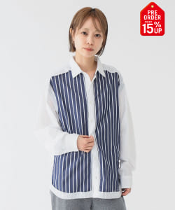 【+15%ポイントUP】maturely / ストライプ アンド ソリッド カットオフ ロングスリーブ シャツ