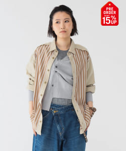【+15%ポイントUP】maturely / ストライプ アンド ソリッド カットオフ ロングスリーブ シャツ